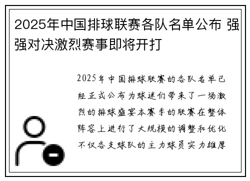 2025年中国排球联赛各队名单公布 强强对决激烈赛事即将开打