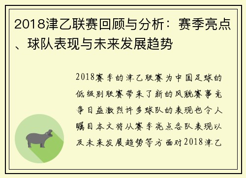 2018津乙联赛回顾与分析：赛季亮点、球队表现与未来发展趋势