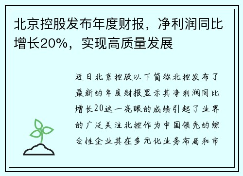 北京控股发布年度财报，净利润同比增长20%，实现高质量发展